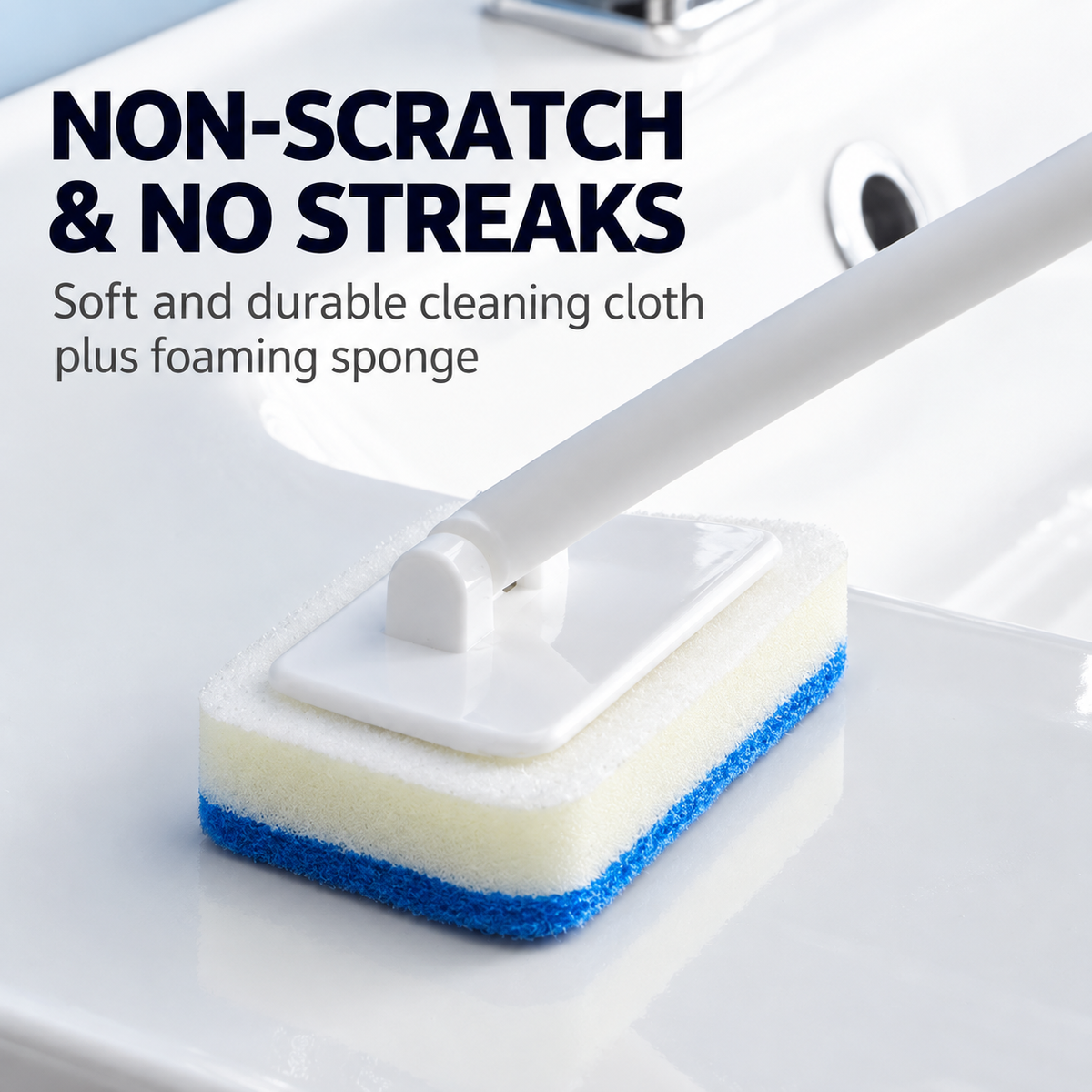 Long Handle Bathtub Cleaning Sponge Brush – Multi-Purpose Bathroom Scrubber with Replaceable Head