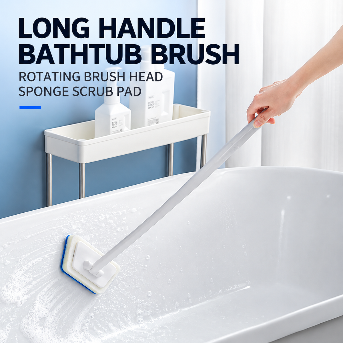 Long Handle Bathtub Cleaning Sponge Brush – Multi-Purpose Bathroom Scrubber with Replaceable Head